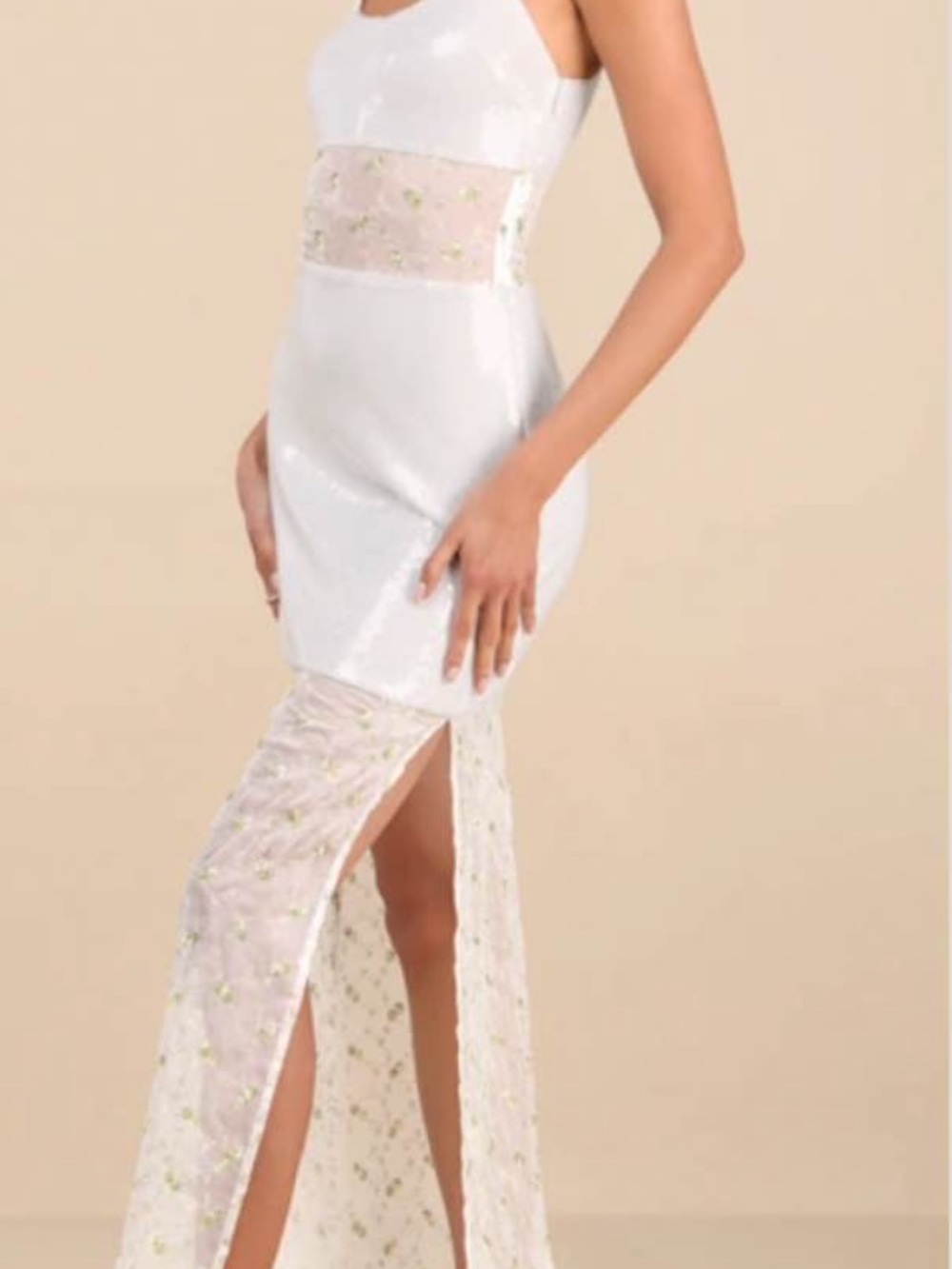 Lulu's White Sequin & Floral Mesh Strapless Column Dress